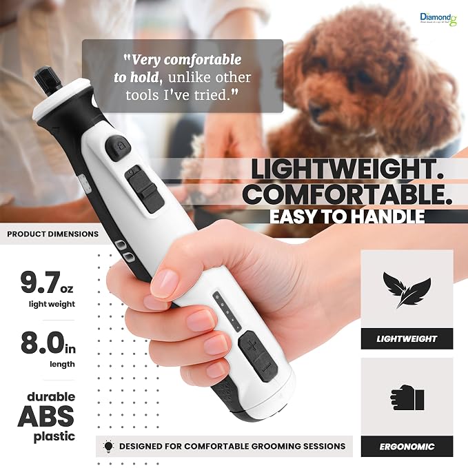 Diamondg Cordless Dog Nail Grinder - Quiet Sound with LED Light, White | 5-Speed Rechargeable Pet Nail Trimmer for Small & Large Dogs, USB-C Charging, 4hrs. Runtime, Painless Dog Nail Grinding Kit