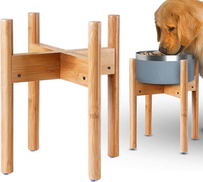 Dog Bowl Stand for Large Dogs - Adjustable, Easy Fold-Down | Use to Elevate Raise Dog Food, Water and Slow Feeder Bowls, Lock-Bolts and Tool Added, Foot-Padded, Bamboo Stand Only