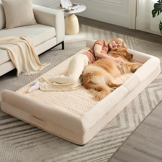 BFPETHOME Orthopedic Washable Human Dog Bed for Adult & Dog Cozy Sleep | Human Size Waterproof Big Soft Pet Couch Bed for Adult & Dogs Relax with Removable Cover Supportive Foam Beige 61x43 Inch