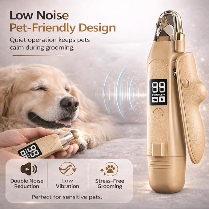 2-in-1 Dog Cat Nail Clippers with Light Bloodline Indicator & Electric Grinder – Type-C Rechargeable Dog Cat Nail Trimmer – Low Noise Grooming Tool with Battery Display (Dark Beige)
