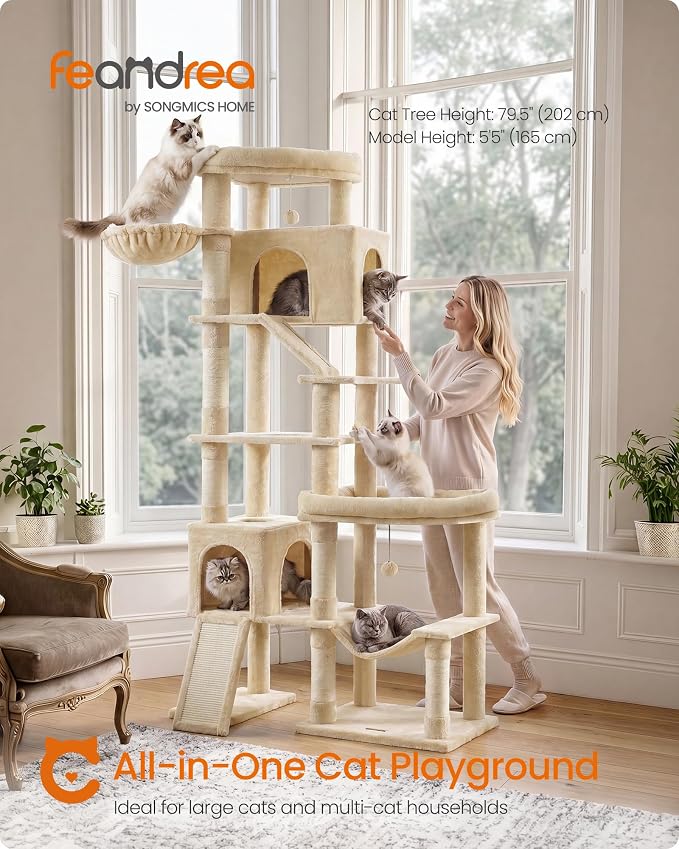 Feandrea Multi-Level Cat Tree for Large Cats, 79.5 inch Tall Cat Tower with 6 Resting Areas and Sisal Scratching Posts, 41.3 x 17.7 x 79.5 inch, Beige Clawfy Collection UPCT020Y101