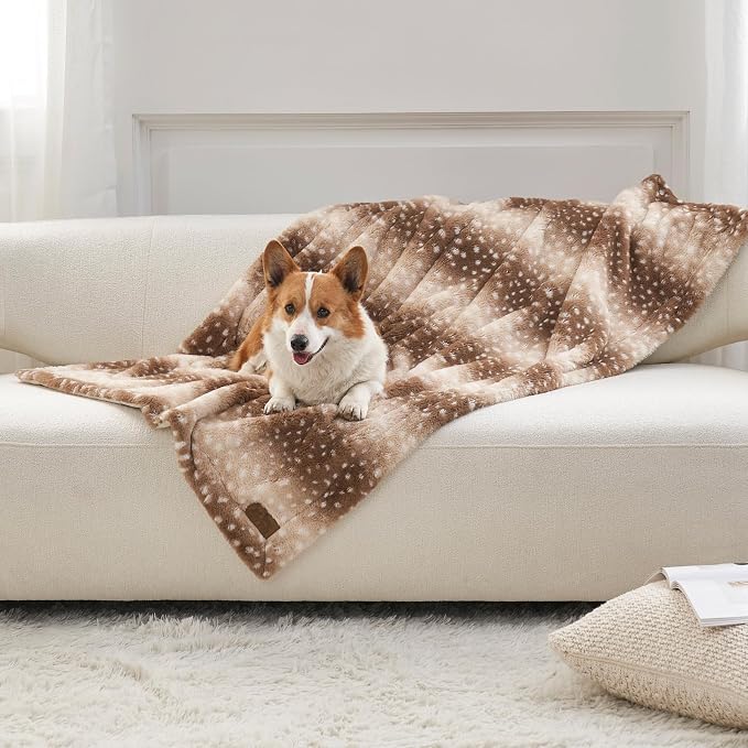 COZY KISS Waterproof Pet Blanket, Christmas Deer Print Blanket for Bed Couch Protector, Reversible Washable Plush Dog Faux Fur Throw for Puppy, Double Sided Cat Blanket, 30x40 inch, Brown