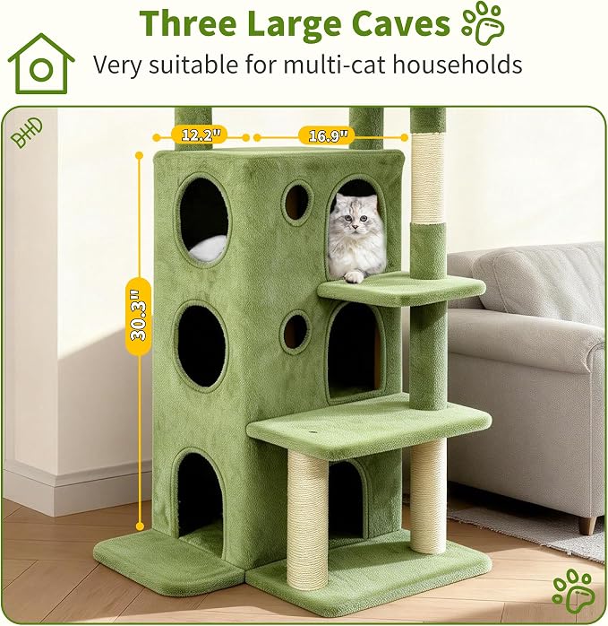 48" Cat Tree Tower for Indoor Cats, Multi-Level Cat House for Large Cats with 3 Cozy Cat Condos, Extra Large Top Perch, Sisal Scratching Posts & Climbing Steps, Green