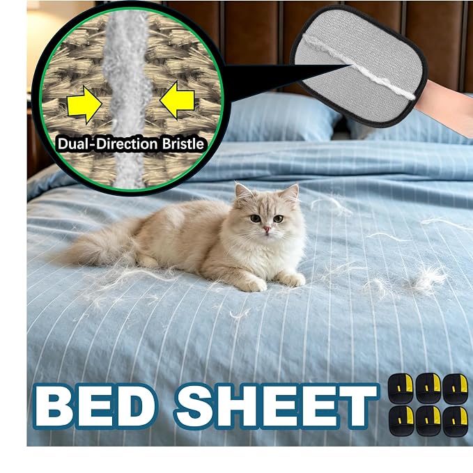 QUALIALL Pet Hair Remover, Washable, 6-Pack, Highly Efficient | Dual-direction Bristles Trap Cat Dog Fur via Friction & Static, Fast Thorough Cleaning, Suits Soft Surfaces