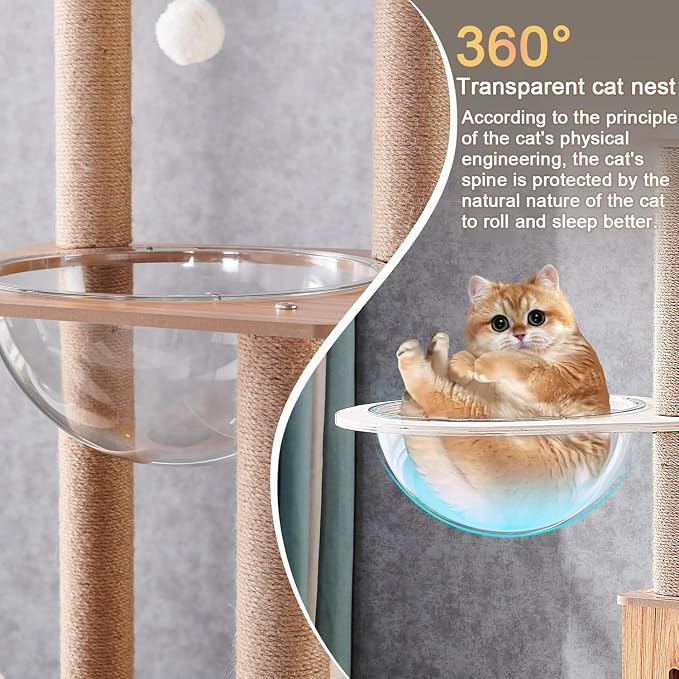 61'' Wooden cat Tree with cat Condo, Cat Stairs Scratching Posts, 2 Bowl,Sisal Scratching Posts,Cozy Cat Hammock and Top Perch. Cat Tree for Large Cats.