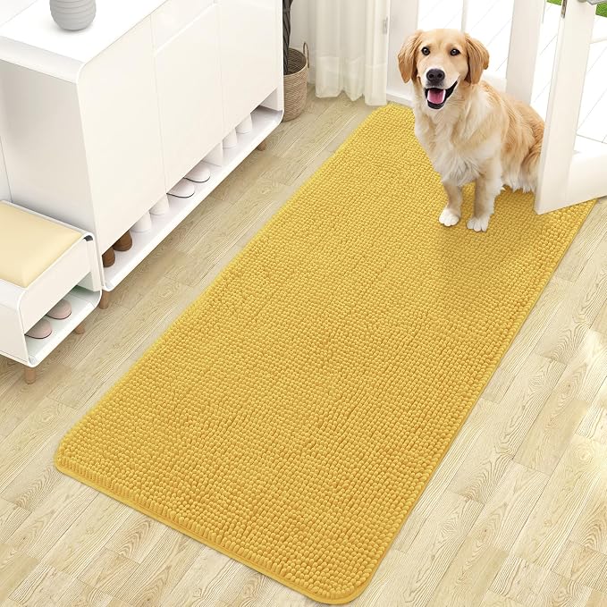 OLANLY Dog Door Mat for Muddy Paws 47x24, Super Absorbent Chenille Mud Mat | Yellow, Absorbs Moisture and Dirt, Non-Slip Machine Washable Doormat, Quick-Drying Indoor Entryway Floor Carpet for Dogs