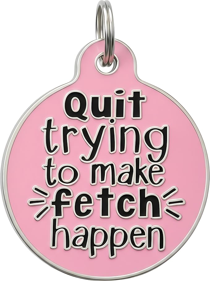 Bad Tags Personalized Dog and Cat ID Tags in 25+ Designs and 2 Sizes - 5 Lines of Custom Engraved Text - Funny Cute Personalized Pet Tags (Quit Trying to Make Fetch Happen, Large (1.25 inch))