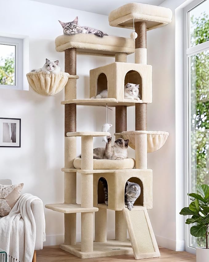 Globlazer Tall Cat Tree for Indoor Large Cats, 75 inch, F75C, Beige | Multi-Level Cat Tower, 2 Large Platforms, 2 Oversized Cat Condos, 5 Scratching Posts, Scratching Board, Removable Pet Bed