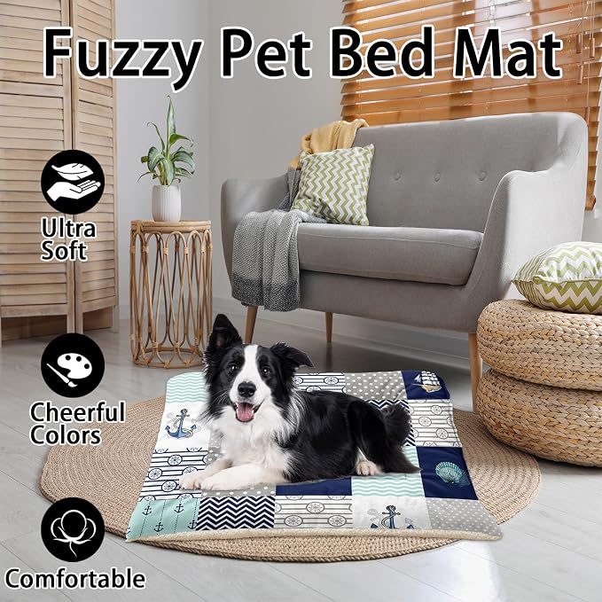 HOSIMA 38L*32W Inch Nautical Print Pet Mat for Under Dog Crate,Plaid Patchwork Ocean Themed Fuzzy Washable Pet Crate Pad,Plush Soft Cozy Pad Suitable for Medium Dogs Sleeping.