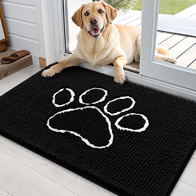 OLANLY Dog Door Mat for Muddy Paws 36x24, Paw Print Design Chenille Mud Mat | Black, Absorbent, Traps Moisture and Dirt, Non-Slip Washable Doormat, Quick-Drying Indoor Entryway Floor Carpet for Dogs
