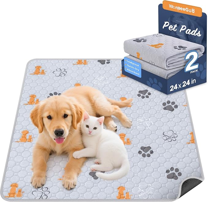 WanpeeGoo Washable Pee Pads for Dogs, Waterproof, 24 x 24 in, 2 Pack, Orng | Super Absorbent, Waterproof and Non-Slip; Washable, Reusable Dog Pads for Crates, Playpens, Floors, Furniture and Travel
