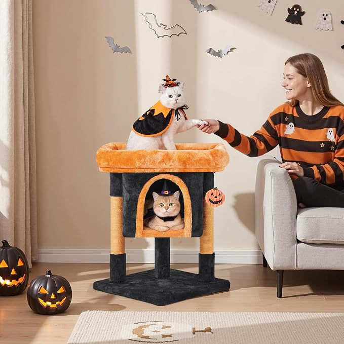 Yaheetech Halloween Cat Tree, Black/Pumpkin Orange Small Cat Tower | Fits small rooms, gothic cute cat bed, wide perch for lounge and scratch, assembles fast with included tools, halloween decor