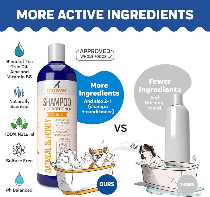 Innovet Pet Products All Natural Oatmeal & Honey Shampoo + Conditioner for Dogs Cats & Small Pets - 16 Oz - No Tear Shampoo for Allergies, Sensitive, Dry Itchy Skin Relief | Made in USA