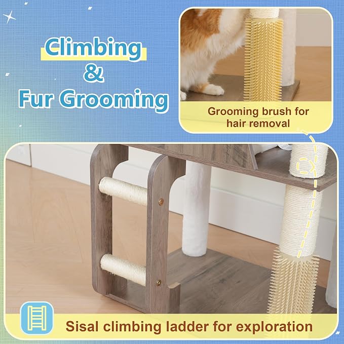 Hey-brother Wooden Cat Tree, Furniture Tower with Large Platforms, MPJ121SG | 69.7 inch, Modern Full Sisal Scratching Posts, Hammocks, Spacious Condo, Ladder, Brush, Water Proof Surface, Rustic Gray