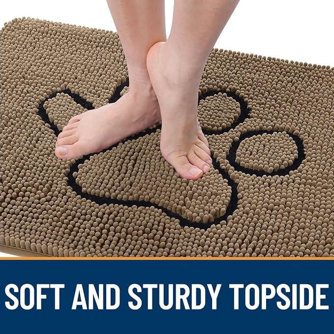 OLANLY Dog Door Mat for Muddy Paws 48x30, Paw Print Design Chenille Mud Mat | Tan, Super Absorbent, Traps Moisture and Dirt, Non-Slip Washable Doormat, Quick-Drying Indoor Entryway Floor Carpet for Dogs