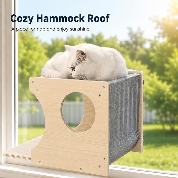 Cat Window Perch，2-Tier Hammock & Hideaway House with Strong Suction Cups | Left-opening, Drill-Free, Hold Up to 45 lb Support, For Small to Medium Cats, Let Cats Lounge, Climb and Watch Outside