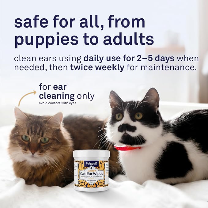 Petpost | Cat Ear Cleaner Wipes - Ultra Soft Cotton Pads in Coconut Oil Solution - Treatment for Removing Cat Ear Dirt & Wax 100 ct.