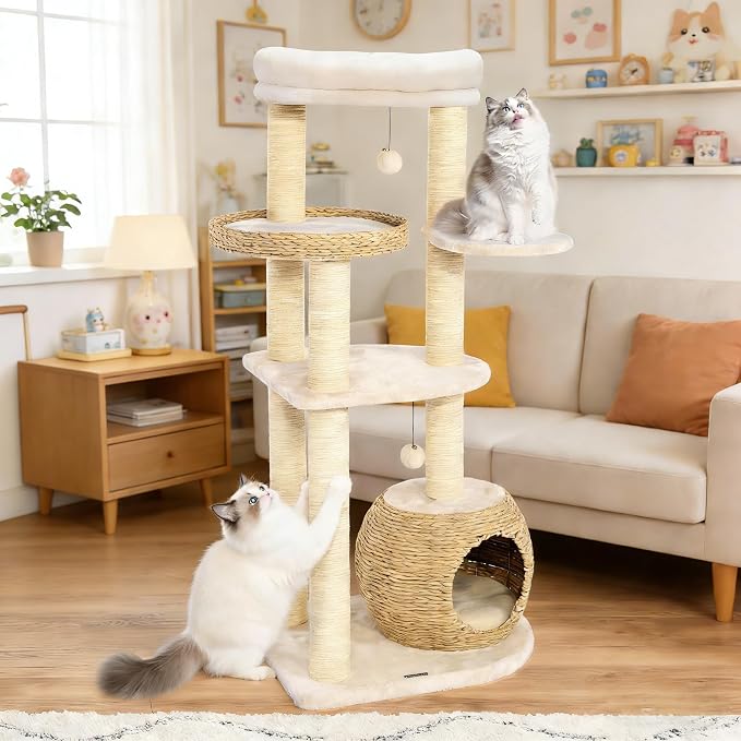44.8in Gothic Cat Tree, Black Cat Condo Cats Tower with Coffin Bed & Sisal Scratching Posts, Scratching Ramp and Comfort Basket for Indoor Cats