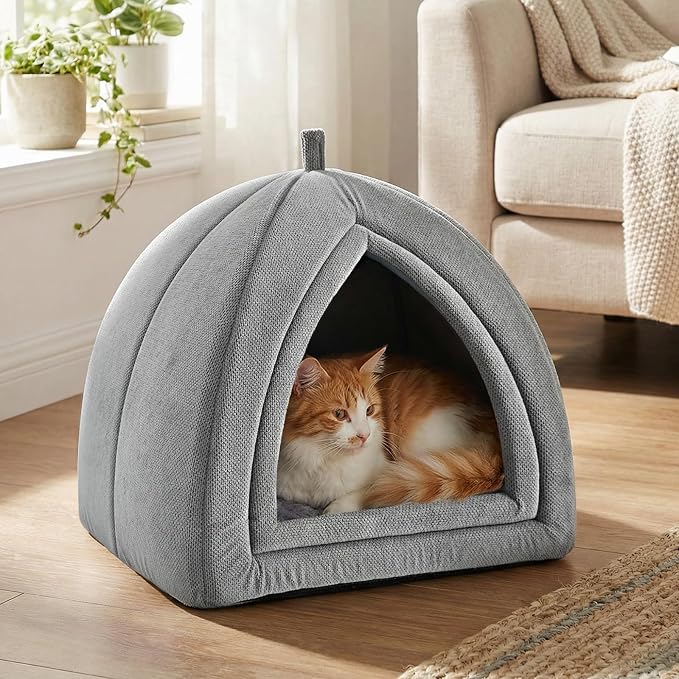 Amazon Basics Cat Cave Bed, 2-in-1 Foldable House for Indoor Cats, with Washable Cushion and Non-Slip Base, 15 x 15 Inches, Small, LightGray