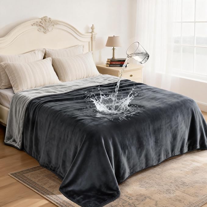 gogobunny Waterproof Flannel Blanket for Bed Couch Sofa, Reversible Double-Sided Throw for Dog Cat, Stain Resistant Furniture Protector Against Liquid Pee and Fur (90" x 108", Dark Grey/Light Grey)