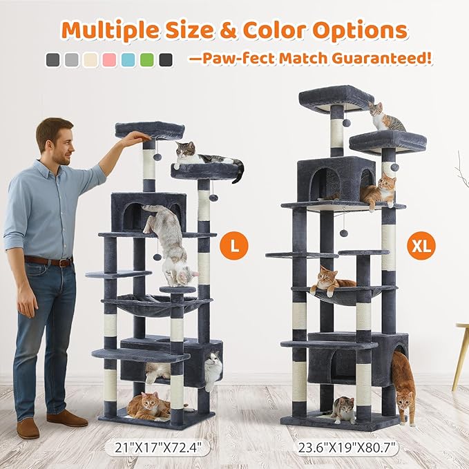 PAWZ Road 72" Cat Tree, Tall Cat Tower with Hammock& Condos for Large Cats | 20"x16" hammock for adult cats, cat tower with 7 scratching posts, dual top perch and large condo for big cats