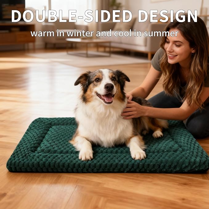 Dog Bed Mat,Reversible & Ultra Soft Kennel Pad-Machine Washable Pet Bed for Dogs & Cats-All-Weather Crate Liner for Crates,Carriers & Travel (Dark Green, 35" L x 23" W x 1.5" Th)