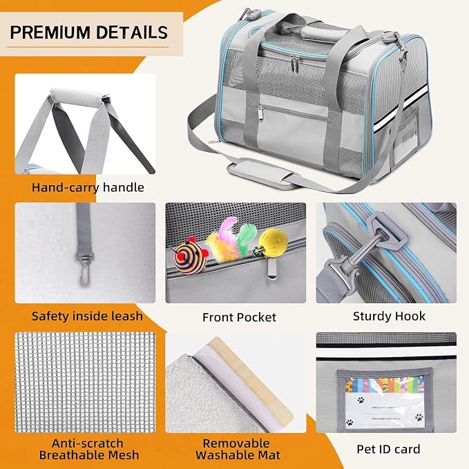 Soft-Sided Cat Carrier for Pets Up to 15lbs, Airline Approved Under-Seat Travel Carrier, 17x12x11 Inch, TSA Approved with Collapsible Bowl, Breathable Mesh & Removable Pad, Lightgrey