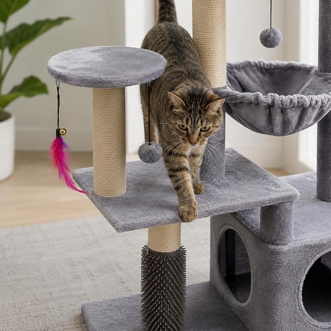 Multi-Level Cat Tree for Indoor Cats, Cat Tree Tower with Big Cat Hammock, Indoor Climbing Activity Tower with Scratching Posts, Grey