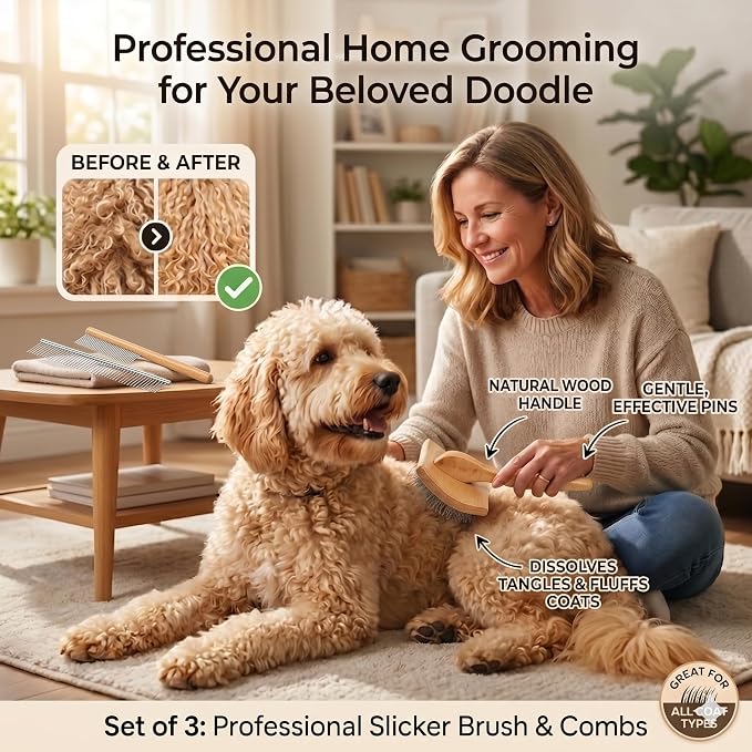Wooden Long Pin Slicker Brush for Large Dog, Poodles & Doodles Long Hair | Grooming, Fluff & Detangle Heavy Dense Wavy Curly Coats to Easily Prevent Severe Hair Matting During Shedding Seasons