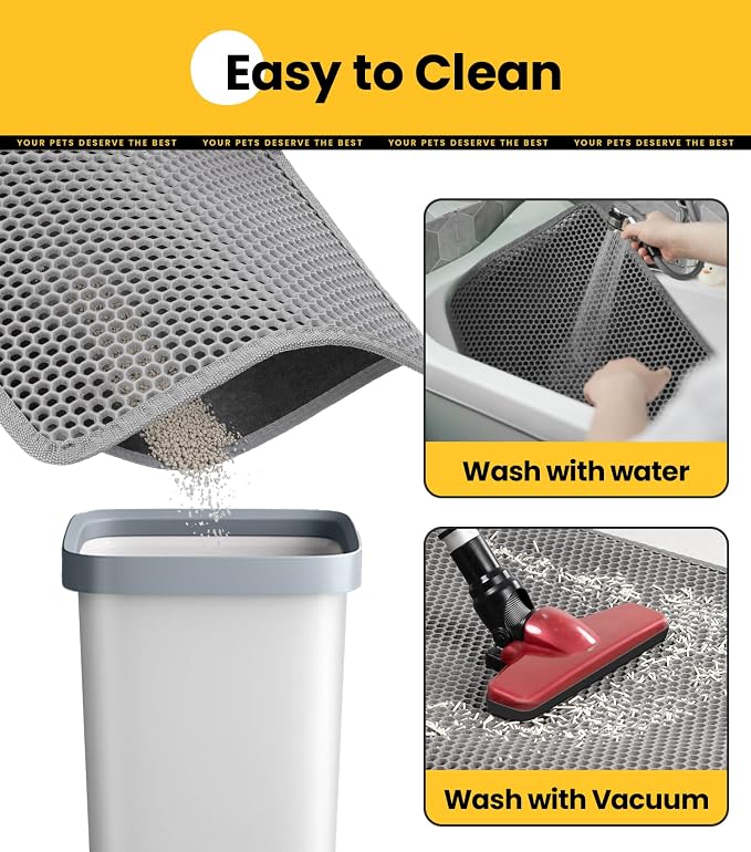 Cat Litter Trapping Mat, 24"x18" Universal Fit Litter Box Floor Mat, Hexagon Grids & Anti-Leak Base, Machine Washable, Non-Slip Kitty Mat for Most Homes, Gray