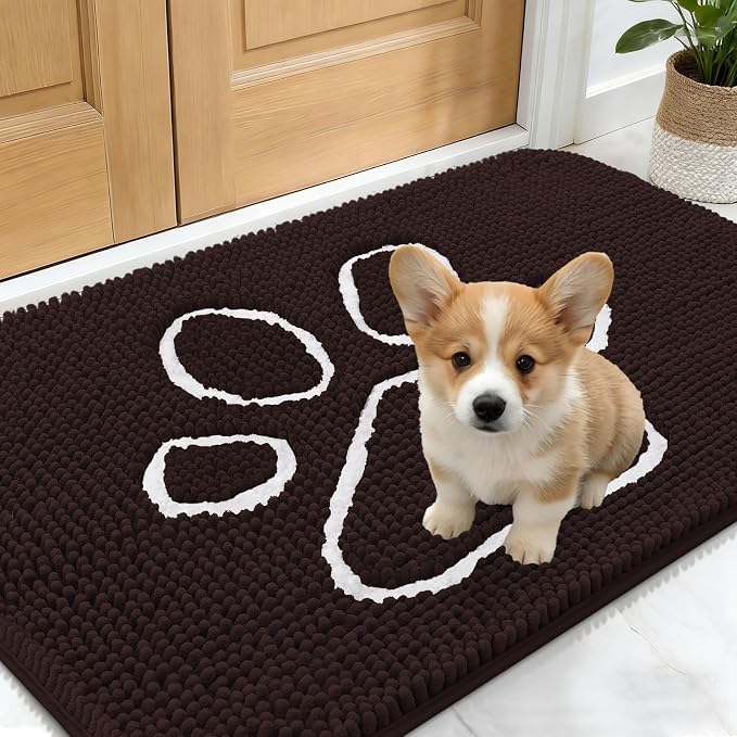 OLANLY Dog Door Mat for Muddy Paws 24x16, Paw Print Design Chenille Mud Mat | Brown, Absorbent, Traps Moisture and Dirt, Non-Slip Washable Doormat, Quick-Drying Indoor Entryway Floor Carpet for Dogs