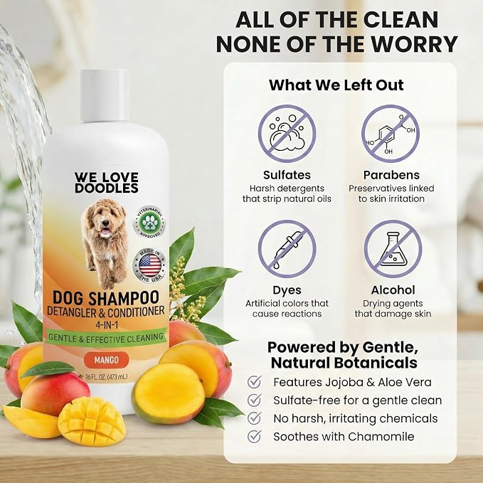 Dog Shampoo & Dog Detangler Spray, Tearless, Dog Bath Supplies, Mango 16 oz | Best Shampoo, Detangling & Dematting Spray for Dogs, For Sensitive Itchy Skin, Tangle Remover, Goldendoodle, Poodle & Doodle