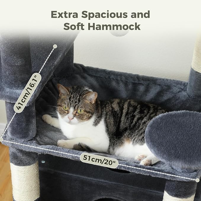 PAWZ Road 72" Cat Tree, Tall Cat Tower with Hammock& Condos for Large Cats | 20"x16" hammock for adult cats, cat tower with 7 scratching posts, dual top perch and large condo for big cats