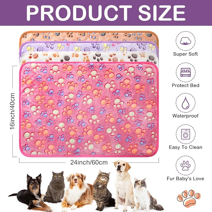 Panelee 24 x 16 Inch 4 Pcs Washable Dog Blankets Waterproof Cute Paw Print Fleece Blanket Reusable Puppy Blankets for Small Medium Pet Cat Whelping Warm Soft Mat Guinea Pig Cage Liners