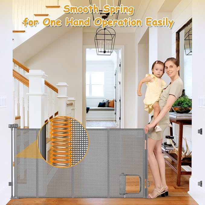 Reinforced 90” Extra Wide Retractable Dog Gate with Cat Door 33 Inch Tall Retractable Pet Gates for Wide Openings Mesh Baby Gate with Cat Door Long Gates for Kids or Pets with Reinforced Strips, Gray
