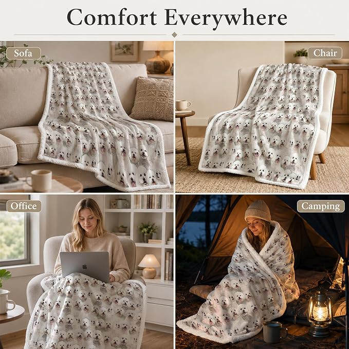 BlessLiving Bichon Frise White Throw Blanket with Dense Dog Patterns Sherpa Fleece Blanket Couch Bed, Soft Cozy Warm Pet Blankets for Puppy Lovers Cute Animal Print Gift 60x80 Inches