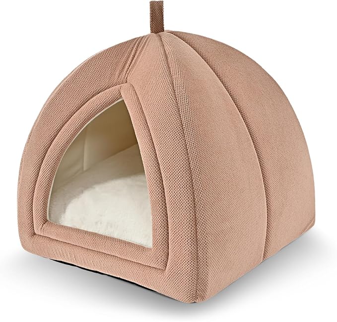 Amazon Basics Cat Cave Bed, 2-in-1 Foldable House for Indoor Cats, with Washable Cushion and Non-Slip Base, 17.5 x 17.5 Inches, Large, Pink