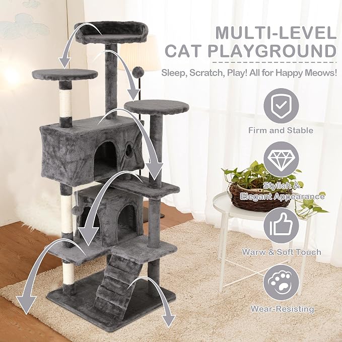 70'' Tall Multi-Level Cat Tree for Indoor Cats, Furniture With Scratching Post, Platform, Condo, Tower With Funny Toy, Corner Tree for Medium Cats