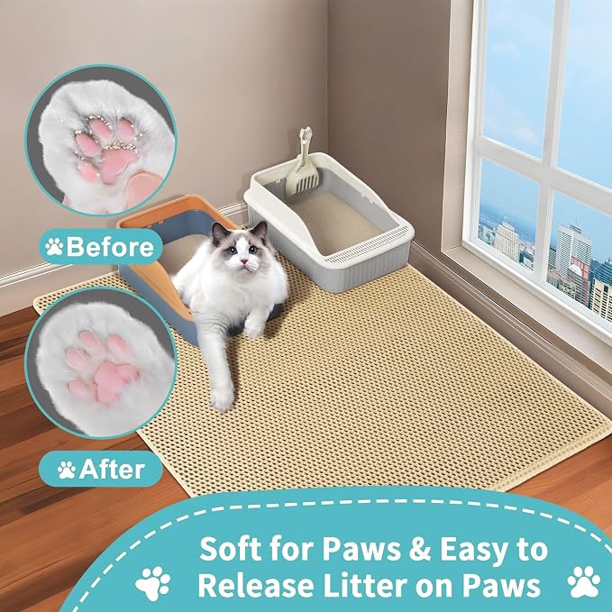 Cat Litter Mat Litter Trapping Mat, Large 35x25in, Ideal for Light Floors | Double-Layer Honeycomb Cat Litter Mat for Less Mess, Waterproof & Urine-Resistant Cat Mat, Keeps Floor Clean, Khaki