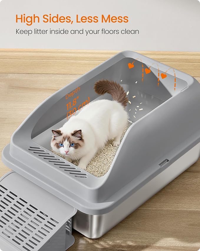 Feandrea Stainless Steel Cat Litter Box with Open Top, High Sided Litter Tray with Step, Scoop, Brush, for Cats up to 33 lb, Dove Gray UPPT008GN01