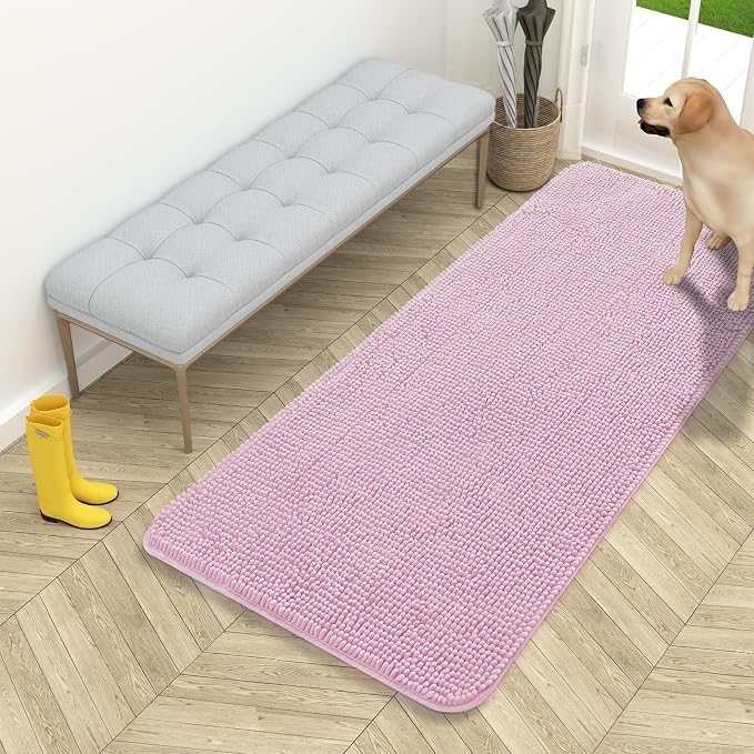 OLANLY Dog Door Mat for Muddy Paws 54x24, Super Absorbent Chenille Mud Mat | Dusty Rose, Absorbs Moisture and Dirt, Non-Slip Machine Washable Doormat, Quick-Drying Indoor Entryway Floor Carpet for Dogs