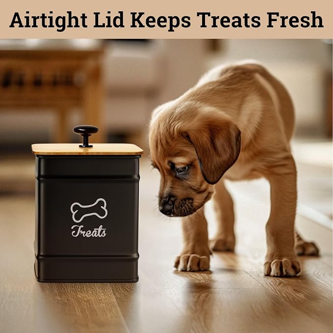 Dog Treat Container with Airtight Bamboo Lid, 5"W x 7"H, 7 Cup Capacity | Fits Most Popular Treats, 7 Cups Capacity, Airtight Bamboo Lid, Easy Open Metal Lid Handle, Dent-Resistant Durable Metal