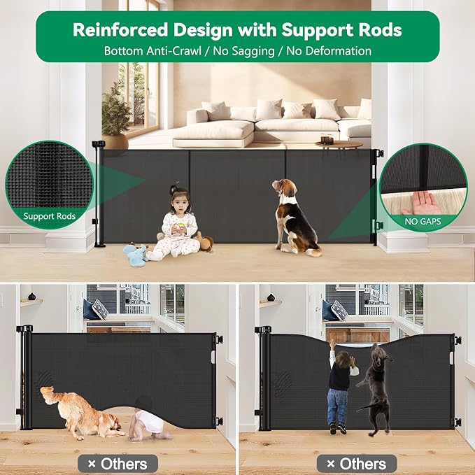 Reinforced 85" Wide Retractable Baby Gates Extra Wide Retractable Dog Gate with Support Rods – Prevent Crawling Under, Indoor Wide Baby Gate Outdoor Retractable Gate, Puppy Gates for The House, Black