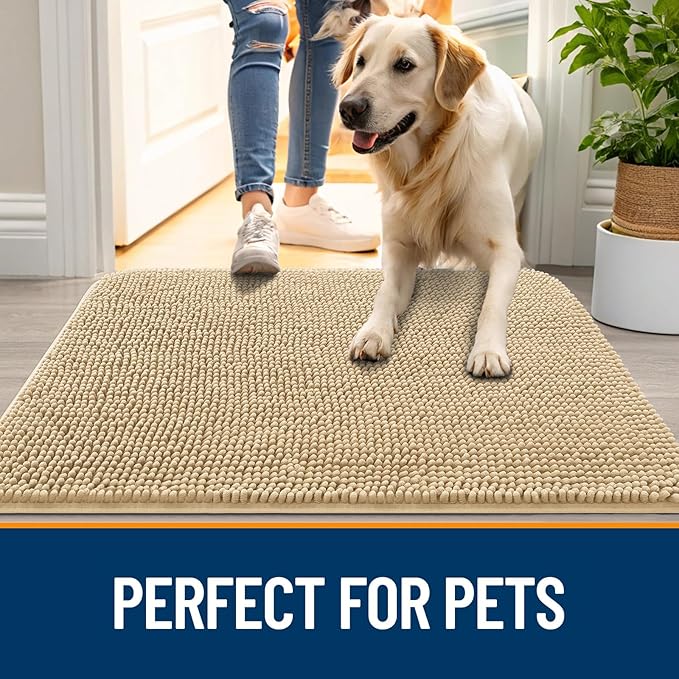 OLANLY Dog Door Mat for Muddy Paws 54x32, Super Absorbent Chenille Mud Mat | Beige, Absorbs Moisture and Dirt, Non-Slip Machine Washable Doormat, Quick-Drying Indoor Entryway Floor Carpet for Dogs
