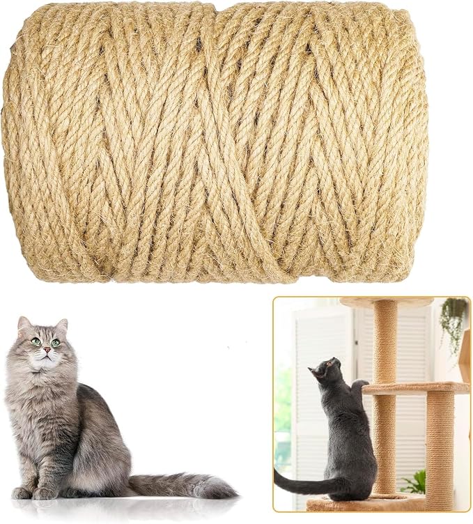 360FT/110M Natural Sisal Rope for Cat Scratching Posts, 6mm Thick Jute Hemp Cat Rope for Cat Tree Replacement, Cat Scratch Post Repair, DIY Projects, and Furniture Wrapping