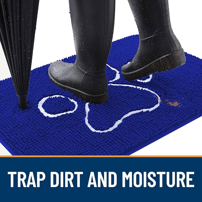 OLANLY Dog Door Mat for Muddy Paws 30x20, Paw Print Design Chenille Mud Mat | Royal Blue, Absorbent, Traps Moisture and Dirt, Non-Slip Washable Doormat, Quick-Drying Indoor Entryway Floor Carpet for Dogs