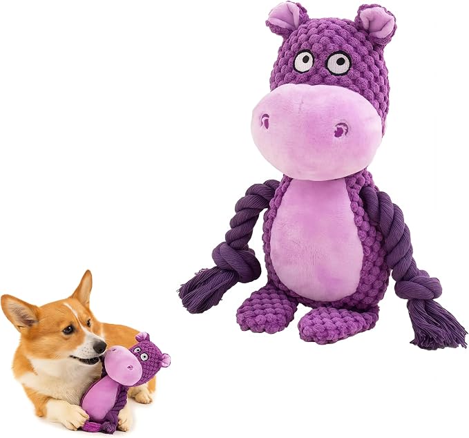Plush Hippo Dog Toy with Rope Arms, Squeaky Interactive Pet Toy, Purple, for Small & Medium Dogs