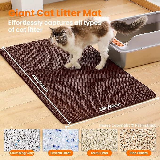 Extra Large Cat Litter Mat XXL, Double Layer Honeycomb, Brown | 46x26”, Reduces Litter Tracking, Easy to Clean, Waterproof, Non-Slip, Soft on Paws, Scratch Resistant, Brown, XXL