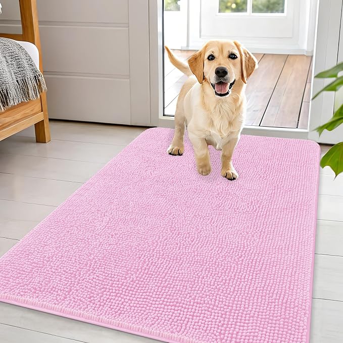 OLANLY Dog Door Mat for Muddy Paws 44x32, Super Absorbent Chenille Mud Mat | Pink, Absorbs Moisture and Dirt, Non-Slip Machine Washable Doormat, Quick-Drying Indoor Entryway Floor Carpet for Dogs