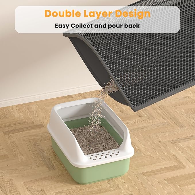 Pieviev Double Layer Cat Litter Mat Traps Scattered Litter 30''x24'' 2 Pack | Waterproof Urine Resistant Layer Litter Box Mat, Easy Collection, Soft on Kitty Paws, Black Color for Indoor Cats